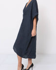 Linen Dress V-neck Knot Front Midi Made in Italy Navy