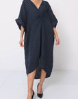 Linen Dress V-neck Knot Front Midi Made in Italy Navy
