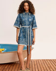 Linen mini shirtdress: ALÉMAIS Lucky Mini Dress in blue featuring a pointed collar and button placket.. LUXAMORE