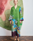 Linen midi shirt dress: ALÉMAIS Nanci Shirtdress in green European linen featuring a vibrant tropical motif.. LUXAMORE