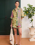 Alemais Patty Spliced Shirt in multi-color linen hemp print – Front view on model showcasing the pointed collar, structured stand, and concealed button placket.. LUXAMORE