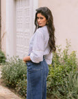 Agata Embroidered Boho Shirt worn by model in natural setting LUXAMORE