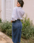 Agata Embroidered Boho Shirt worn by model in natural setting LUXAMORE