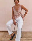 Alemais Sustainable Florence-Shirt close up worn by model LUXAMORE