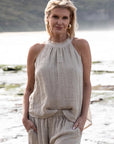Woman Wearing Eadie Lifestyle Ava Linen Top - Top LUXAMORE