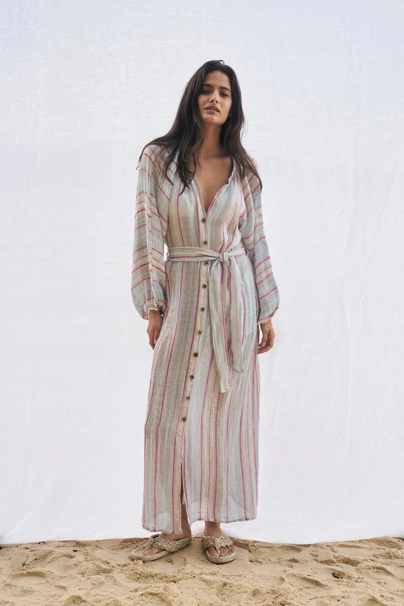 Woman Wearing Estilo Emporio El Manto Stripe Dress + Duster - Dress LUXAMORE