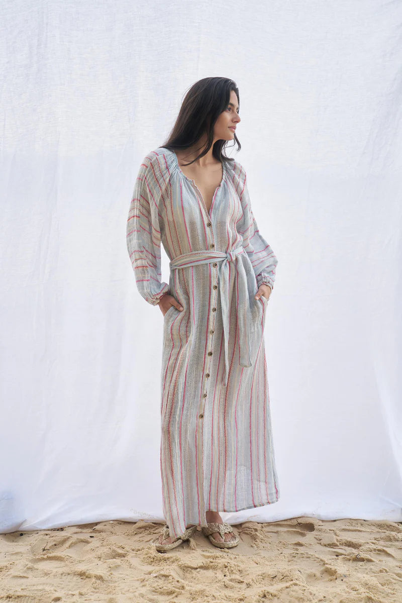 Woman Wearing Estilo Emporio El Manto Stripe Dress + Duster - Dress LUXAMORE