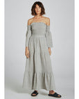 Estilo Emporio Fiorella Top - Grey - LUXAMORE -Tops-Shop the Estilo Emporio Fiorella Top in grey. Made in Positano from 100% Italian linen, this off-the-shoulder design features shirred details and fluted cuffs.