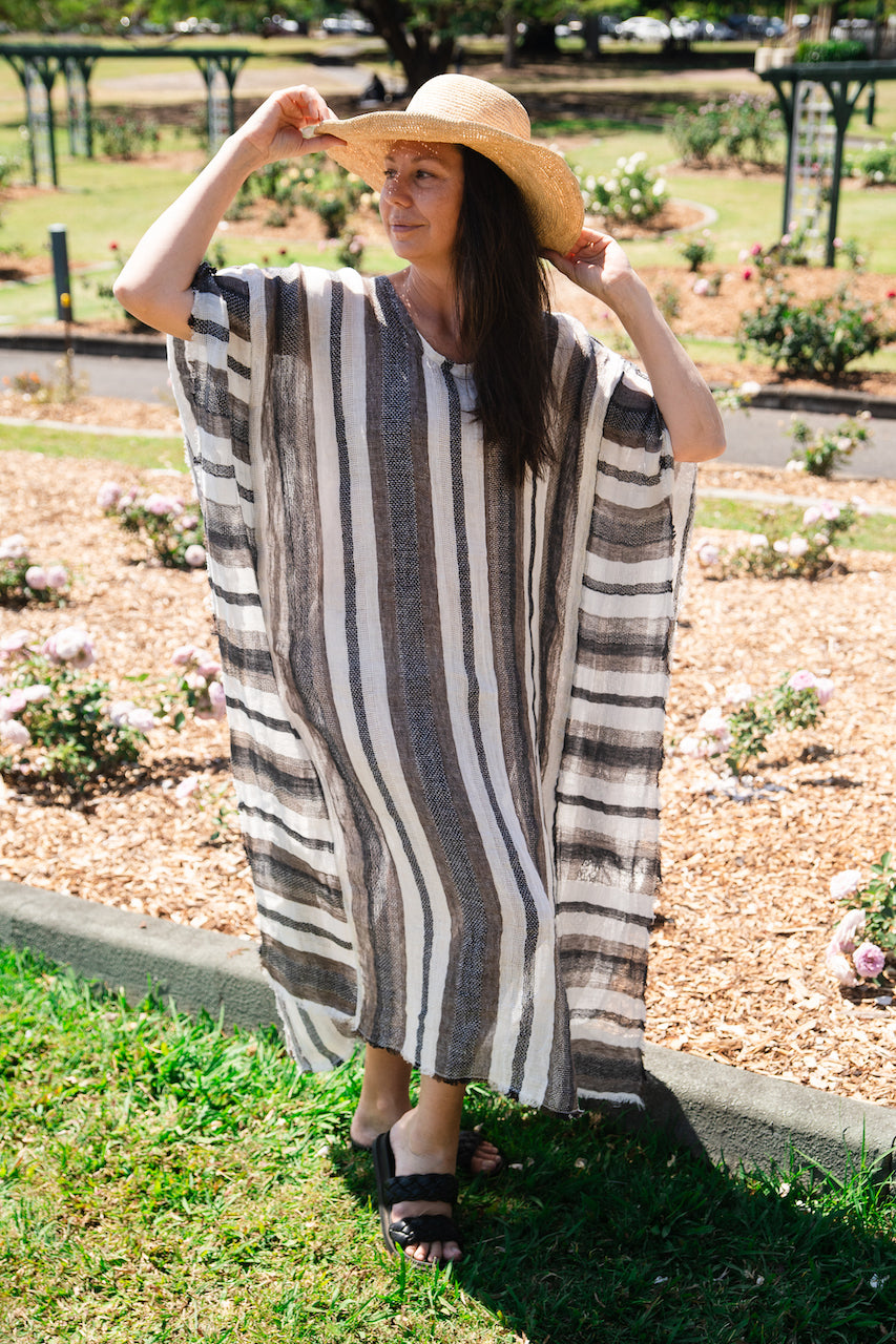 Woman Wearing Estilo Emporio Polla Maxi Kaftan Dark Chocolate Stripe - Dress LUXAMORE