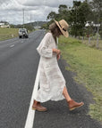 Person wearing Estilo Emporio Neve Linen Dress -Tela Atena Panna - Dress LUXAMORE