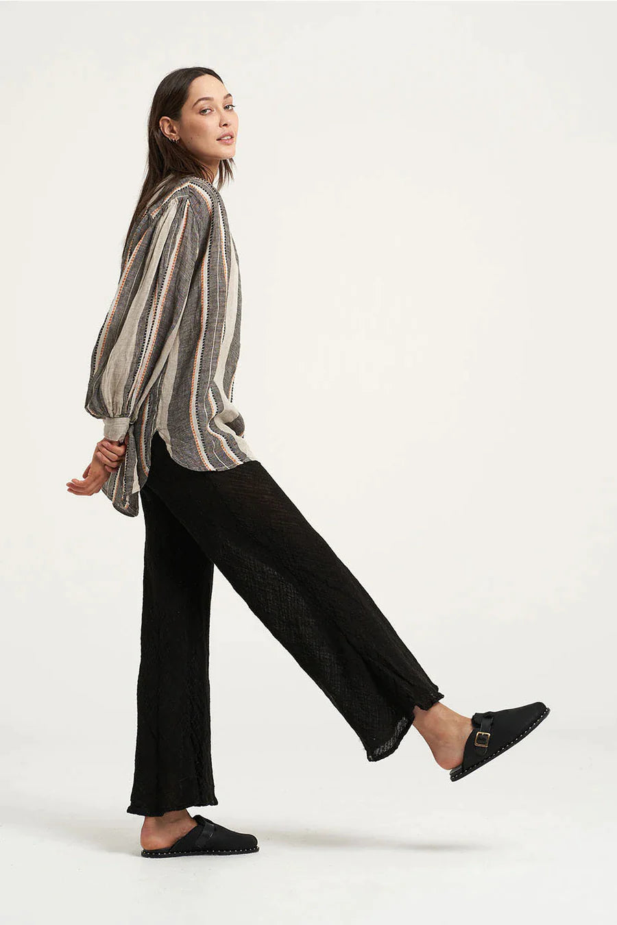 Woman Wearing Pre Order Estilo Emporio Novo Flare Pant - Black - Pants LUXAMORE