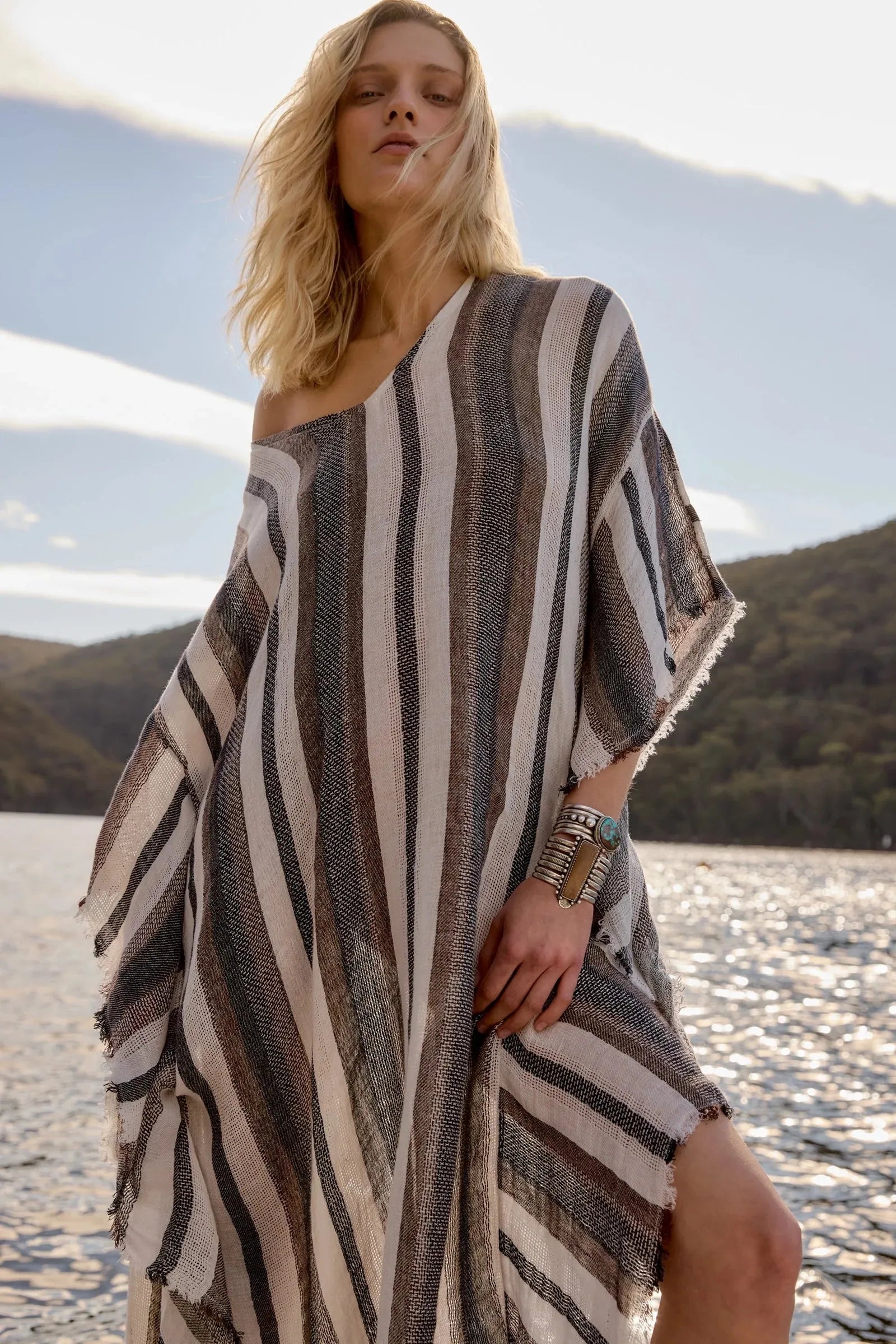 Woman Wearing Estilo Emporio Polla Maxi Kaftan Dark Chocolate Stripe - Dress LUXAMORE