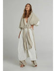 Estilo Emporio Tie Kimono - Scorpione Natural worn by model in natural setting LUXAMORE