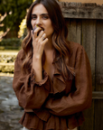 Estilo Emporio Tome Blouse - Tobacco - LUXAMORE -Tops-Estilo Emporio Tome Blouse is cut with a flattering V-neckline and trimmed with flouncy ruffles. Shop Estilo Emporio Blouse and Tops at Luxamore.