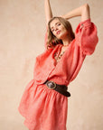 Estilo Emporio Zimi Shirt - Battista Poppy Red worn by model in natural setting LUXAMORE
