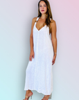 Woman Wearing Italian Linen Maxi Dress with Embellished Straps | White - Dress LUXAMORE