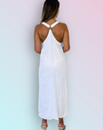 Woman Wearing Italian Linen Maxi Dress with Embellished Straps | White - Dress LUXAMORE