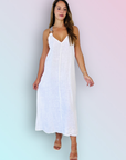 Woman Wearing Italian Linen Maxi Dress with Embellished Straps | White - Dress LUXAMORE