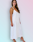 Woman Wearing Italian Linen Maxi Dress with Embellished Straps | White - Dress LUXAMORE