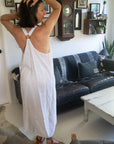 Woman Wearing Italian Linen Maxi Dress with Embellished Straps | White - Dress LUXAMORE