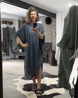 Woman taking selfie of La Bottega di Brunella Linen Dress VESTITO FAUSTA - Campagna Luxor linen dress LUXAMORE