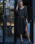 Woman Wearing La Bottega di Brunella Linen Dress Vestito Fausta Campagna - Chocolate - Dress LUXAMORE