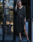 La Bottega di Brunella Linen Dress Vestito Fausta Campagna - Chocolate worn by model in natural setting LUXAMORE