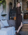 La Bottega di Brunella Linen Dress Vestito Fausta Campagna - Chocolate worn by model in natural setting LUXAMORE