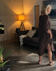 La Bottega di Brunella Linen Dress Vestito Fausta Campagna - Chocolate worn by model in natural setting LUXAMORE