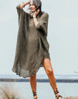 Woman Wearing La Bottega di Brunella Linen Dress Vestito Fausta Campagna - Fossil - Dress LUXAMORE