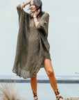 La Bottega di Brunella Linen Dress Vestito Fausta Campagna - Fossil worn by model in natural setting LUXAMORE
