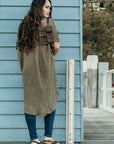 Woman Wearing La Bottega di Brunella Linen Dress Vestito Fausta Campagna - Fossil - Dress LUXAMORE