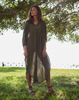 Woman Wearing La Bottega di Brunella Linen Dress Vestito Fausta Garzata - Fossil - Dress LUXAMORE