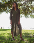 La Bottega di Brunella Linen Dress Vestito Fausta Garzata - Fossil worn by model in natural setting LUXAMORE