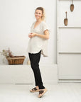 La Bottega di Brunella Pantalone Agathos Linen Pants - Fossil worn by model in natural setting LUXAMORE