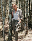La Bottega di Brunella Pantalone Agathos Linen Pants - Fossil worn by model in natural setting LUXAMORE