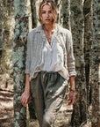 La Bottega di Brunella Pantalone Agathos Linen Pants - Fossil worn by model in natural setting LUXAMORE