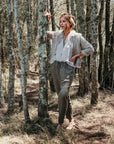 La Bottega di Brunella Pantalone Agathos Linen Pants - Fossil worn by model in natural setting LUXAMORE
