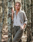 La Bottega di Brunella Pantalone Agathos Linen Pants - Fossil worn by model in natural setting LUXAMORE