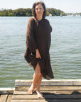 Woman Wearing La Bottega di Brunella Linen Dress Fausta Garzata - Chocolate - Dress LUXAMORE