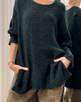 La Bottega di Brunella Top Maglia Bonta - Tela Campo - Bosco worn by model sustainably made in italy AW26 LUXAMORE