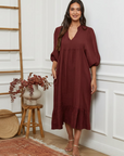 Linen Dress Balloon Sleeve - Made in Italy - Bordeaux LUXAMORE