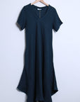 Woman Wearing Linen Dress Bias Cut Maxi Made in Italy - Navy - Dress LUXAMORE