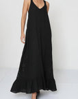 woman wearing Linen Dress Black Maxi Lace Back Made in Italy LUXAMORE