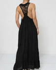 woman wearing Linen Dress Black Maxi Lace Back Made in Italy LUXAMORE