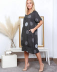 Linen Dress Circle Print Midi Made in Italy Charcoal Grey LUXAMORE