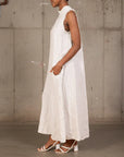 Linen Dress Maxi High Collar Made in Italy - Beige - One size worn by model in natural setting LUXAMORE