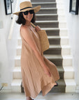 Woman Wearing Linen Dress Maxi Made in Italy - Camel - One size - Dress LUXAMORE