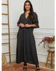 woman wearing Linen Dress Maxi Made in Italy Charcoal Grey LUXAMORE