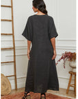 woman wearing Linen Dress Maxi Made in Italy Charcoal Grey LUXAMORE